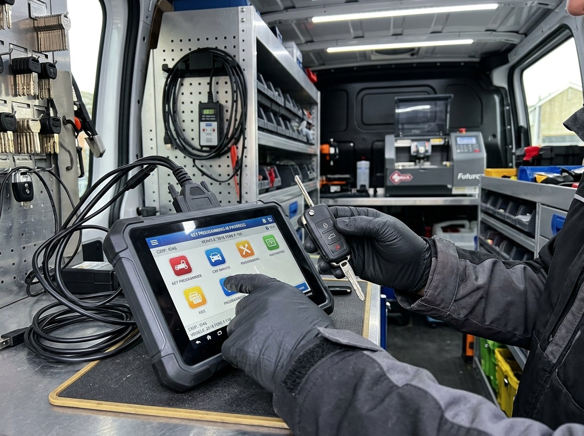 Mobile automotive locksmith programming car key fob on diagnostic tablet inside van