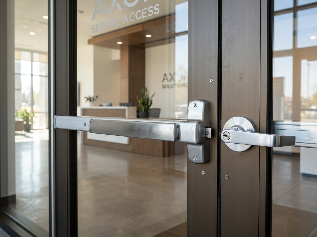 Commercial storefront entrance door with panic exit push bar and commercial lever handle
