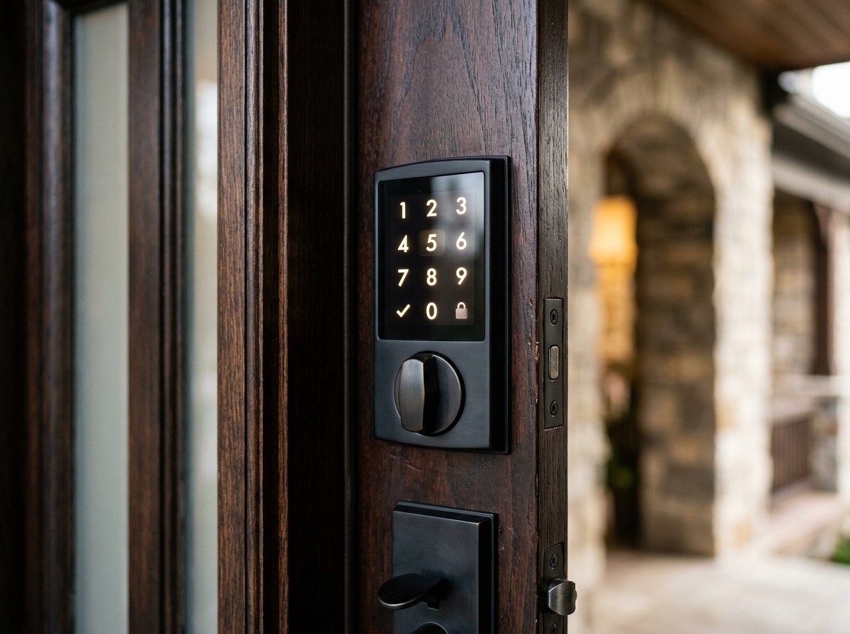 Modern electronic touchscreen keypad deadbolt lock hardware installed on front entrance door in Palmetto