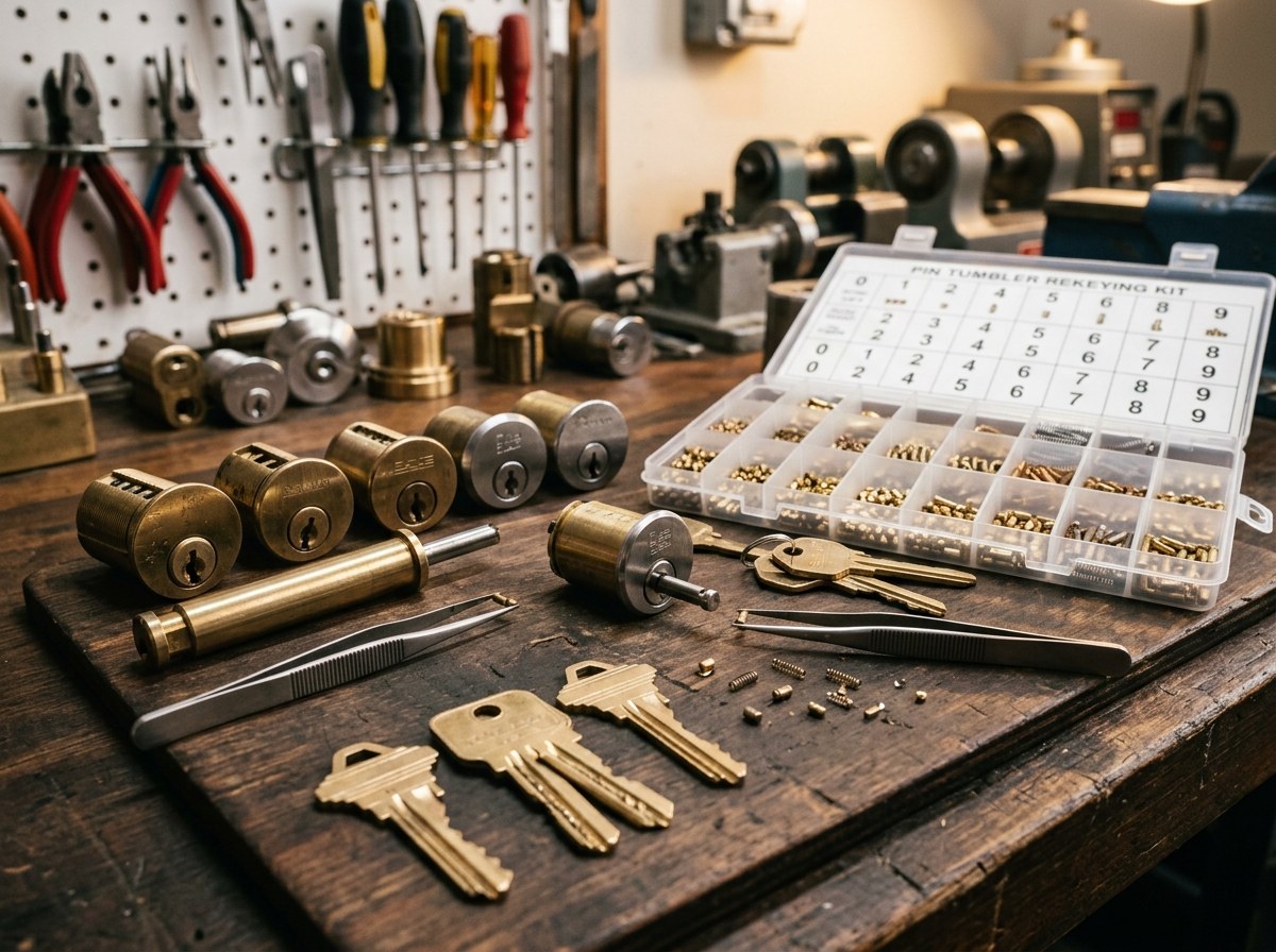 Locksmith security hardware components and solid brass mortise cylinders