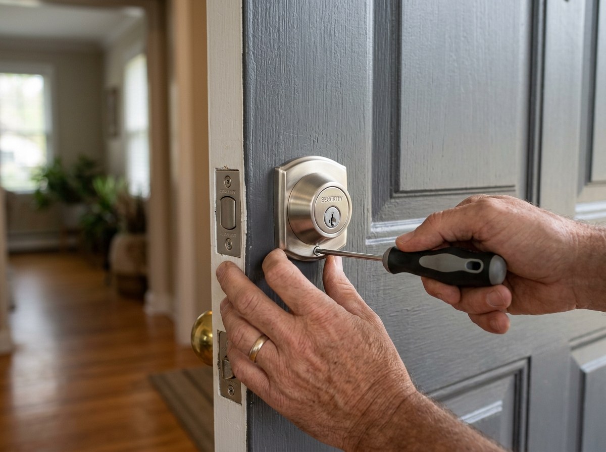 Locksmith installing satin nickel deadbolt lock on wooden front residential door